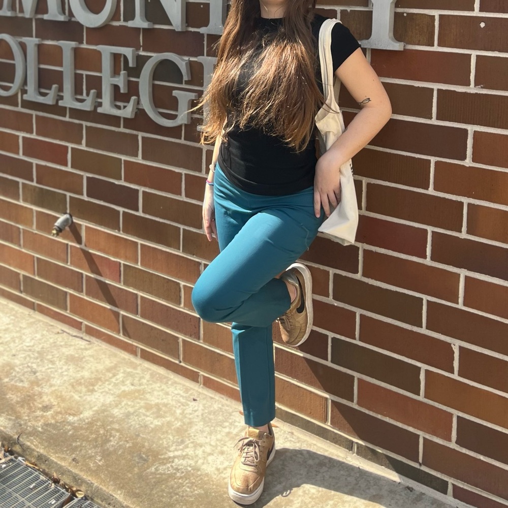 Teal Blue Pull On Business Casual Office Work Pants High Rise Cropped Kick Flare